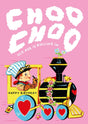 Roze vintage verjaardagskaart met speelgoedtrein, machinist en tekst "Choo Choo, Old Age Is Rolling In".