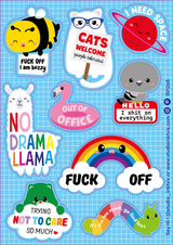 Kleurrijk stickervel met 11 brutale, schattige personages zoals een lama, kat, bij, en regenboog met grappige teksten.