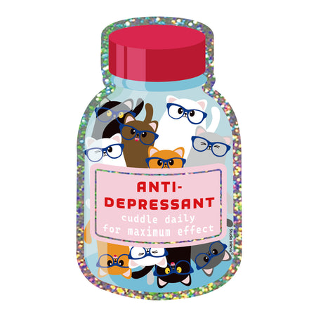 Holografische glitter sticker van een potje "Anti-Depressant" gevuld met vrolijke katten met brillen.