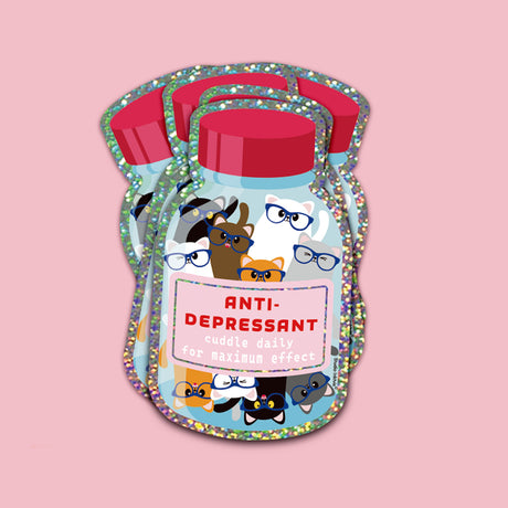Holografische glitter sticker van een potje vol vrolijke katten met brillen, labelt "ANTI-DEPRESSANT".