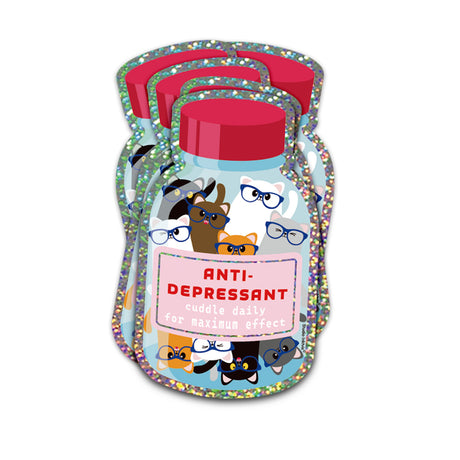 Holografische glitter sticker van een potje met vrolijke katten met brillen, labelt "Anti-Depressant".