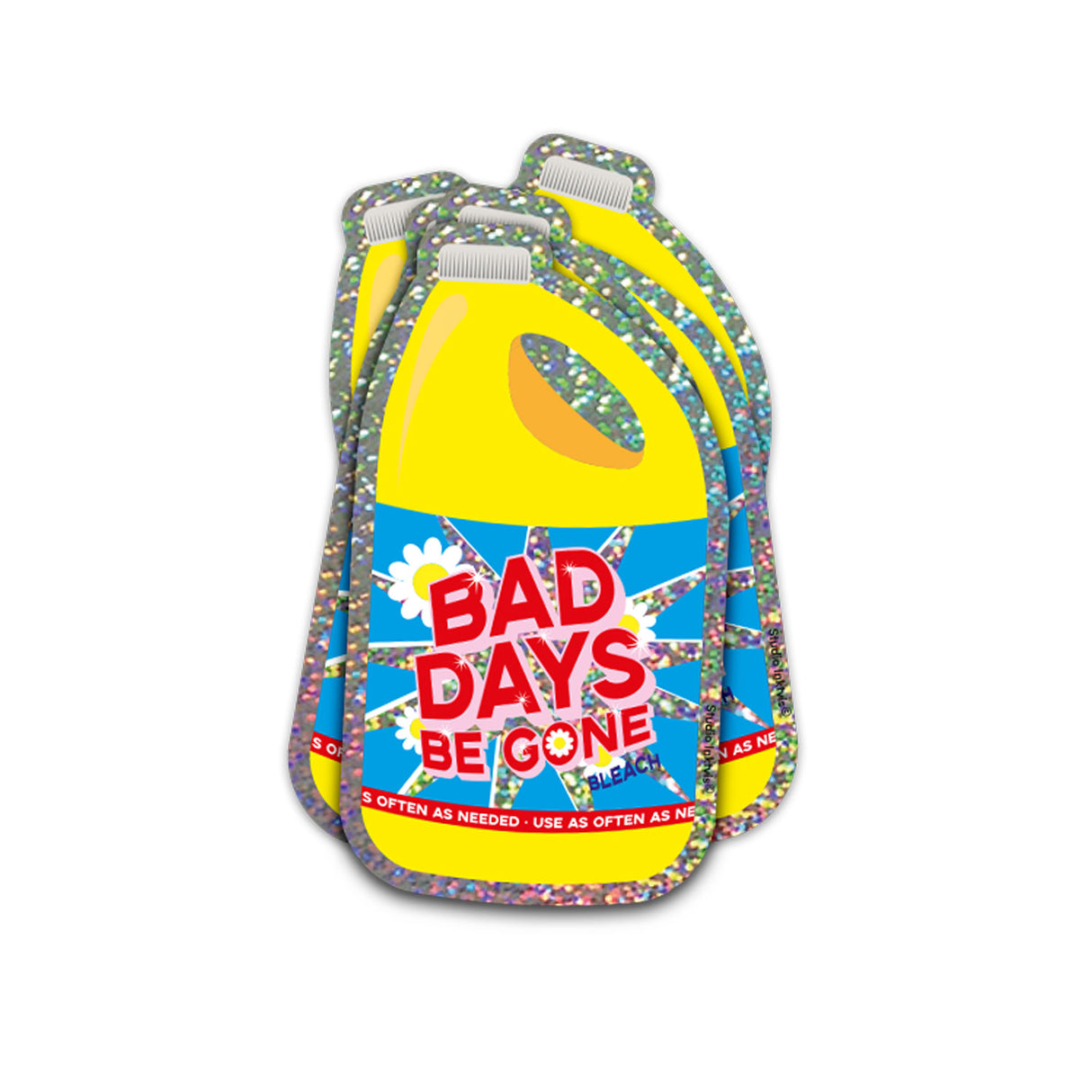 Holografische glitter sticker in de vorm van een gele bleekfles met de tekst Bad Days Be Gone en bloemmotieven.