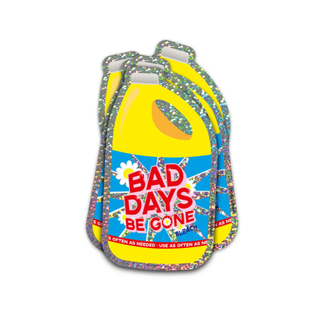 Holografische glitter sticker in de vorm van een gele bleekfles met de tekst Bad Days Be Gone en bloemmotieven.