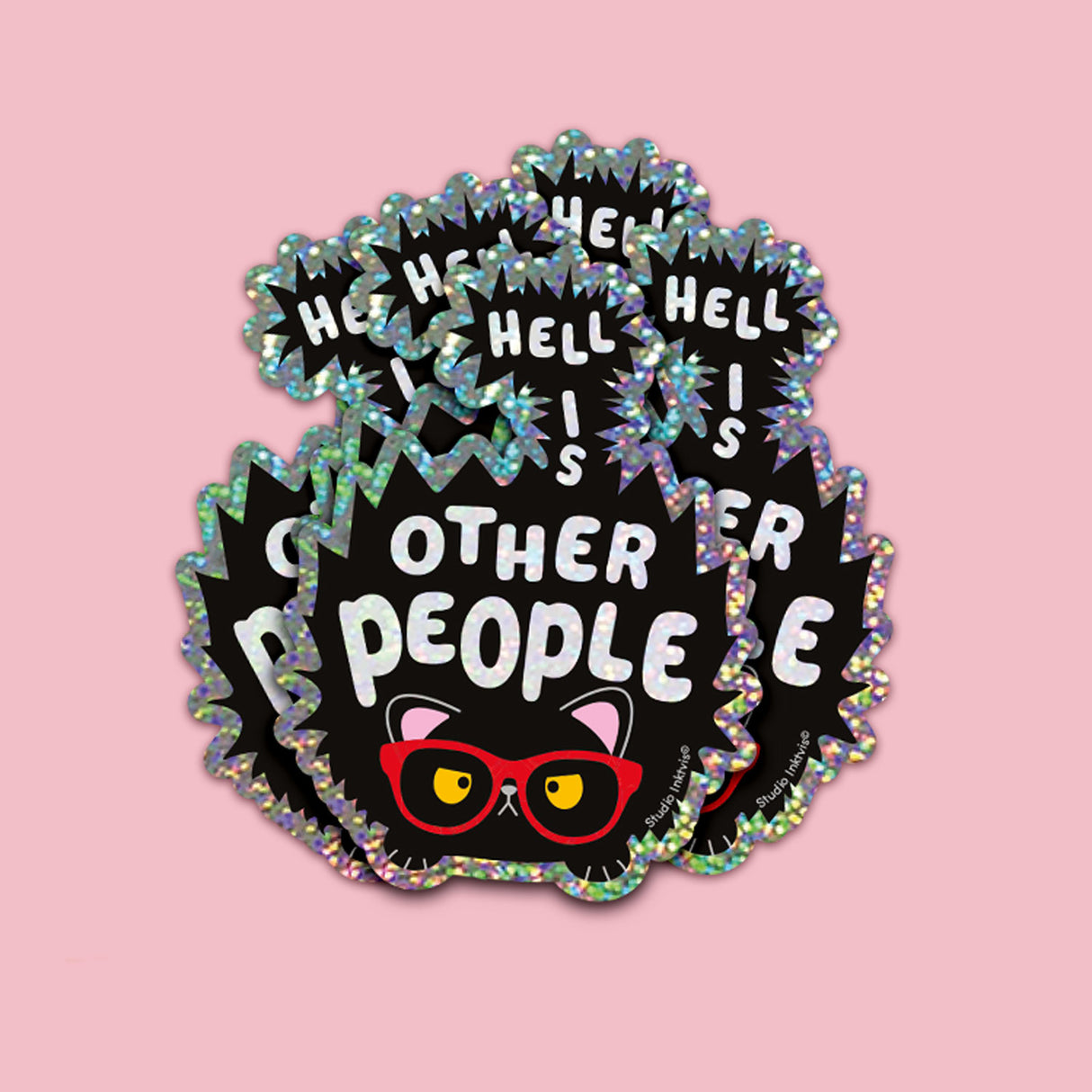 Black glitter sticker with a grumpy cat in red glasses and "Hell is other people" text.