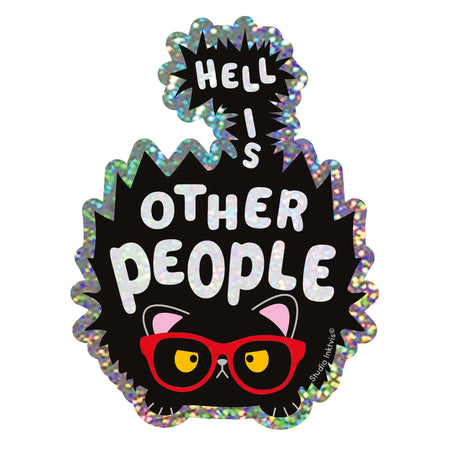 Zwarte glittersticker van een chagrijnige kat met rode bril en de tekst "Hell is other people".