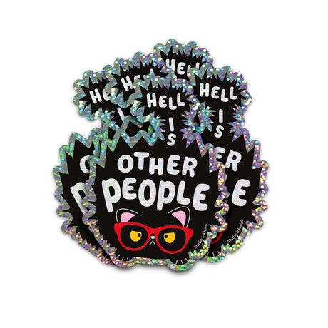 Zwarte glittersticker met chagrijnige kat in rode bril en de tekst "Hell is other people".