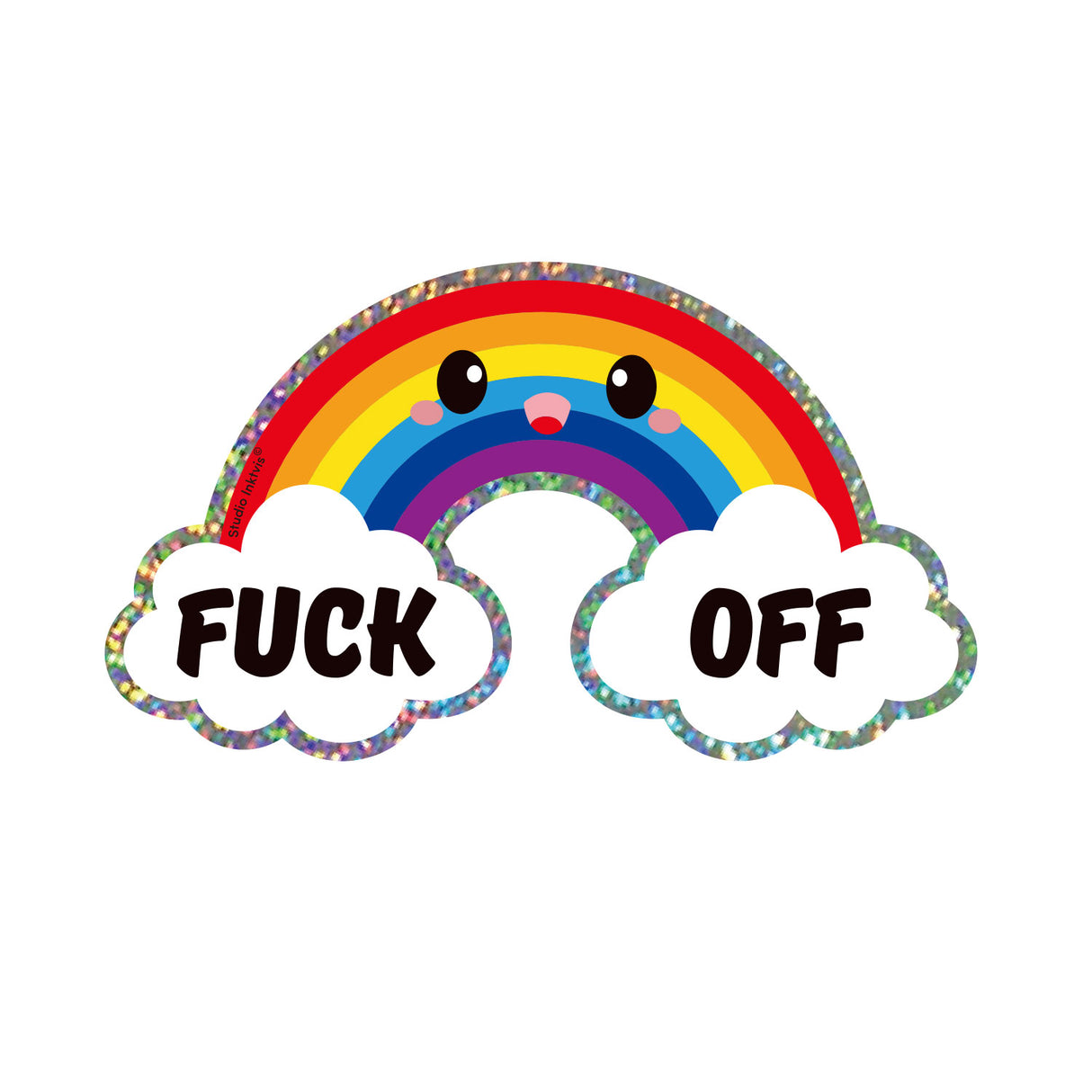 Holografische glitter regenboog sticker met kawaii gezichtje en "Fuck Off" tekst in wolken.