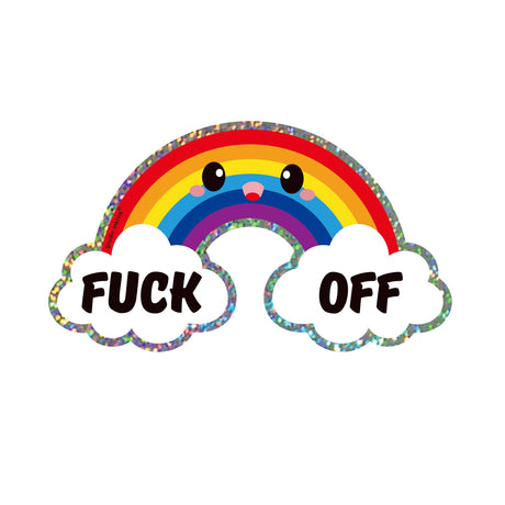 Holografische glitter regenboog sticker met kawaii gezichtje en "Fuck Off" tekst in wolken.