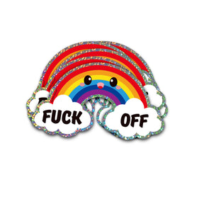Holografische glitter regenboog sticker met kawaii gezichtje en "Fuck Off" tekst op wolken.