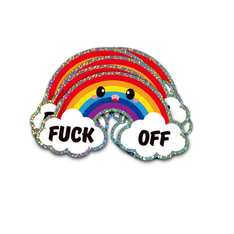 Holografische glitter regenboog sticker met kawaii gezichtje en "Fuck Off" tekst op wolken.