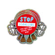 Stapel holografische glitterstickers met een rood stopbord-design en de tekst Stop Scrolling You Are Not Going That Way.