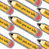 Holografische glitter sticker in de vorm van een geel potlood met de tekst Write your own rules.