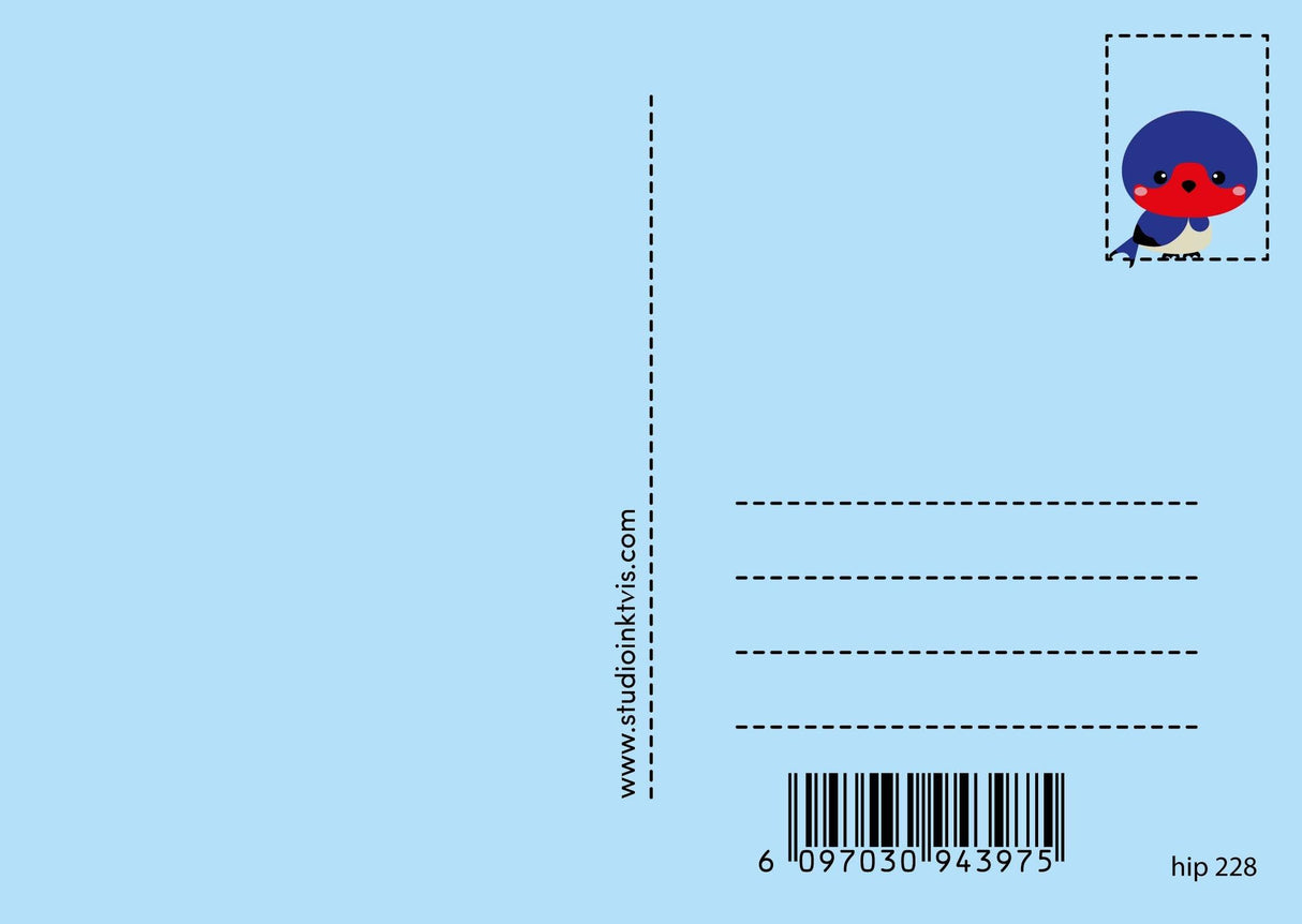 Light blue postcard back with a cute red and blue swallow illustration, address lines, barcode, and "hip 228".