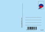 Light blue postcard back with a cute red and blue swallow illustration, address lines, barcode, and "hip 228".