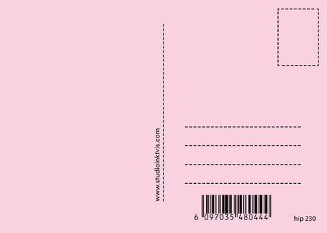 Pink A6 postcard back with address lines, stamp box, "www.studioinktvis.com" text, and barcode.