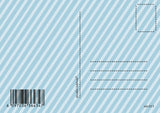 Achterkant van een lichtblauwe vintage verjaardagskaart met diagonale strepen, adreslijnen, postzegelkader en barcode.