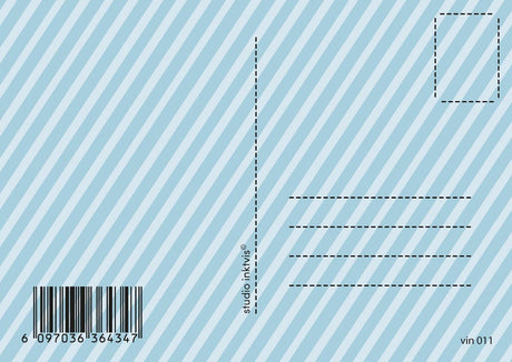 Achterkant van een lichtblauwe vintage verjaardagskaart met diagonale strepen, adreslijnen, postzegelkader en barcode.