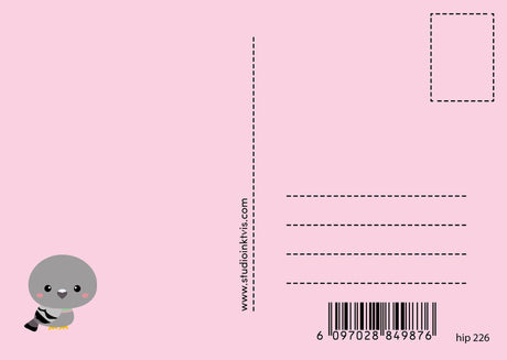 Pink postcard back with a cute grey bird, address lines, stamp box, barcode, and "www.studioinktvis.com".