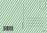 Achterkant van een vintage kerstkaart met groene diagonale strepen, adreslijnen en barcode.