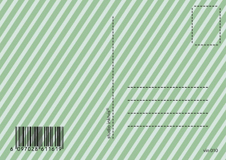 Achterkant van een vintage kerstkaart met groene diagonale strepen, adreslijnen en barcode.