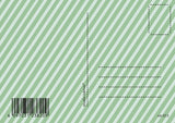 Achterkant van een vintage kerstkaart met groene en witte diagonale strepen, adreslijnen en barcode.