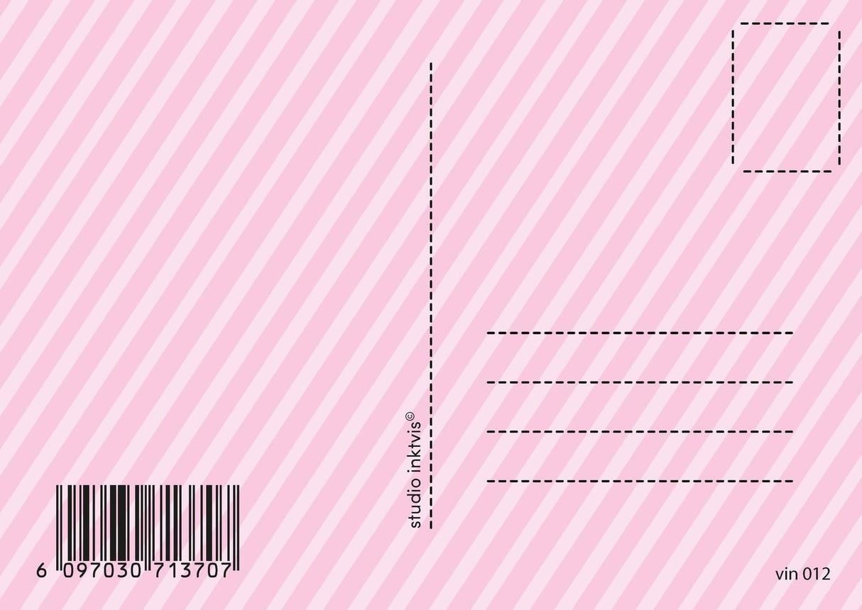 Roze vintage kerstkaart achterkant met diagonale strepen, adreslijnen, postzegelvak en barcode.