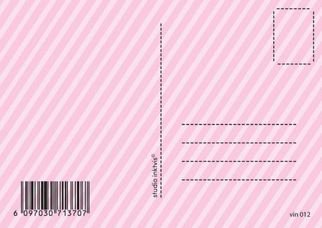 Roze vintage kerstkaart achterkant met diagonale strepen, adreslijnen, postzegelvak en barcode.