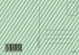 Achterkant van een vintage kerstkaart met groene diagonale strepen, adreslijnen en barcode.