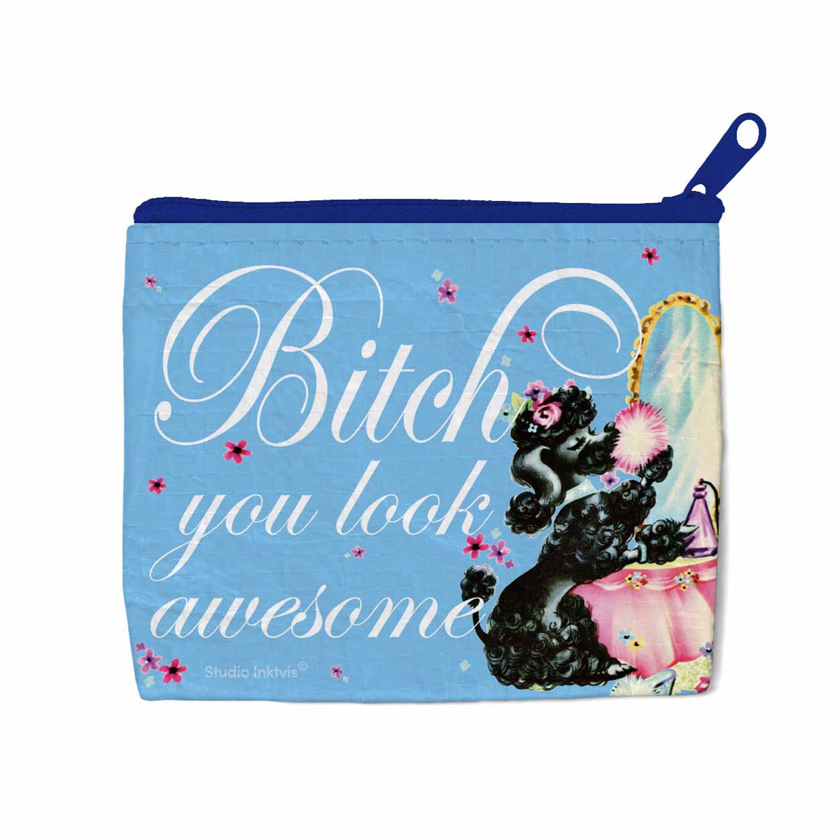 Lichtblauw mini portemonneetje met vintage poedel, bloemen en de tekst Bitch you look awesome, met donkerblauwe rits.