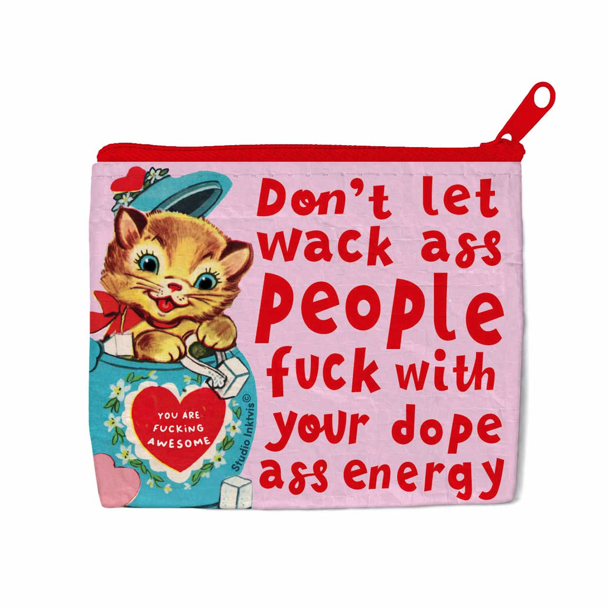 Roze mini portemonnee met vintage kat illustratie en de tekst Don't let wack ass people fuck with your dope ass energy.