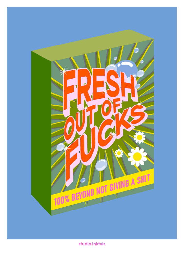 Riso art print 13x18cm met retro verpakkingsontwerp in geel, neonroze en blauw op crème papier.