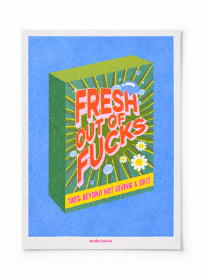 Kleurrijke Riso art print met vintage verpakkingsontwerp in geel, neonroze en blauw op 13x18 cm crème papier.