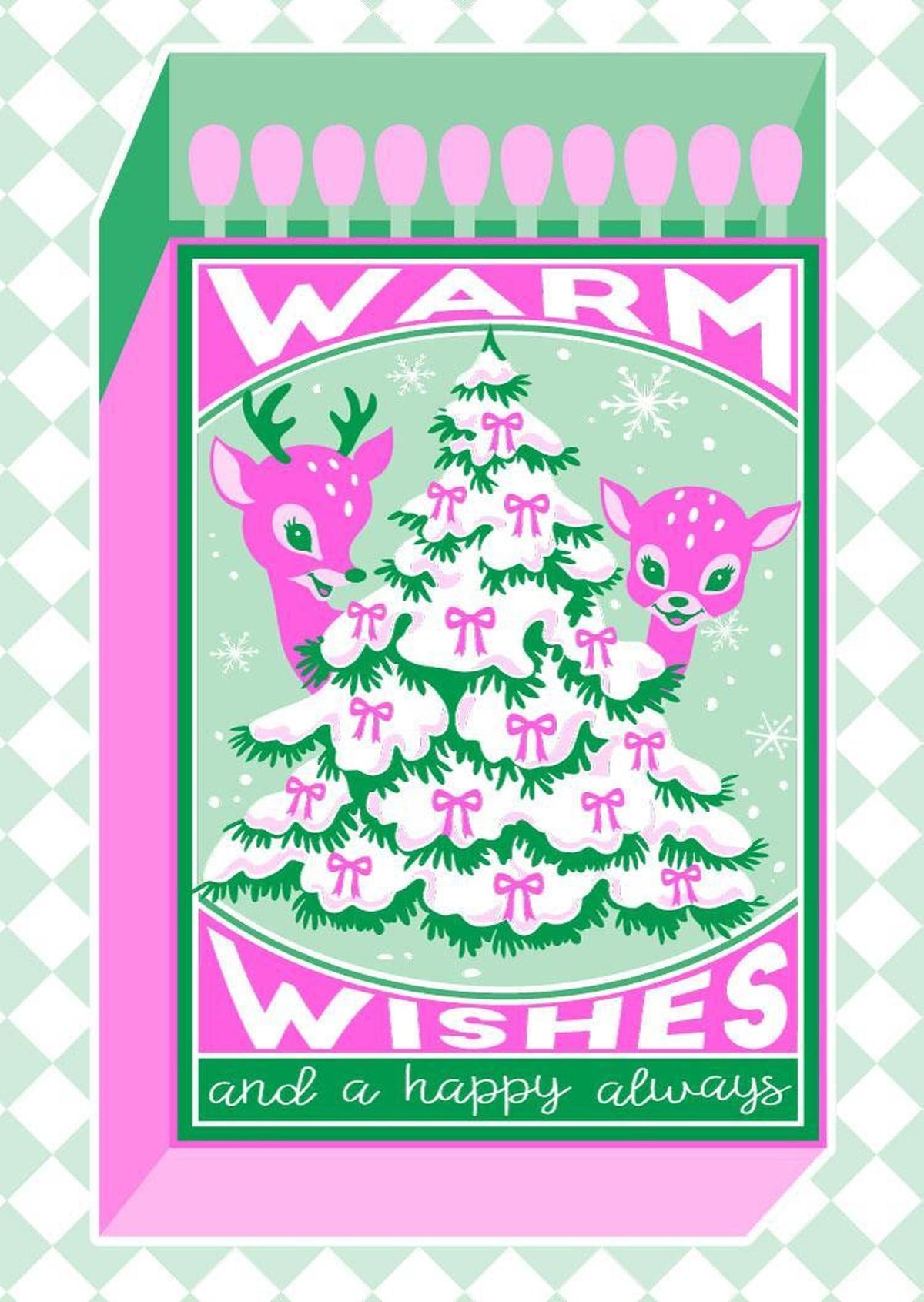 A6 Riso kerstkaart in neon roze en groen met een kerstboom, hertjes en de tekst Warm Wishes and a Happy Always.