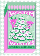 A6 Riso kerstkaart in neon roze en groen met een kerstboom, hertjes en de tekst Warm Wishes and a Happy Always.