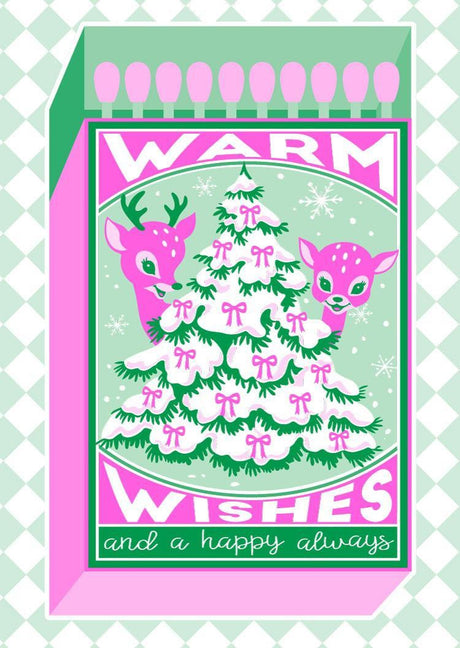 A6 Riso kerstkaart in neon roze en groen met een kerstboom, hertjes en de tekst Warm Wishes and a Happy Always.