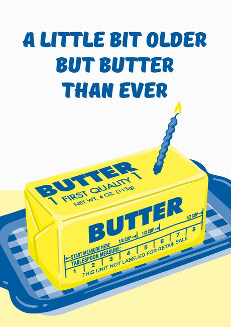 Riso verjaardagskaart met een gele boterham en blauwe kaars, tekst A Little Bit Older But Butter Than Ever in retrostijl.