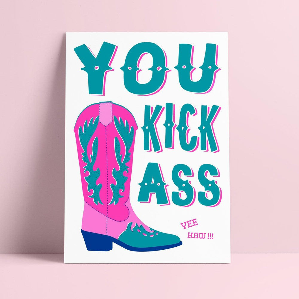 Riso print You kick ass cowboy boots-Ansichtkaarten-Fun Riso-Studio Inktvis