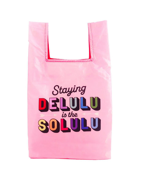 Pink rPET reusable shopping bag with "Staying DELULU is the SOLULU" in colorful, playful typography.