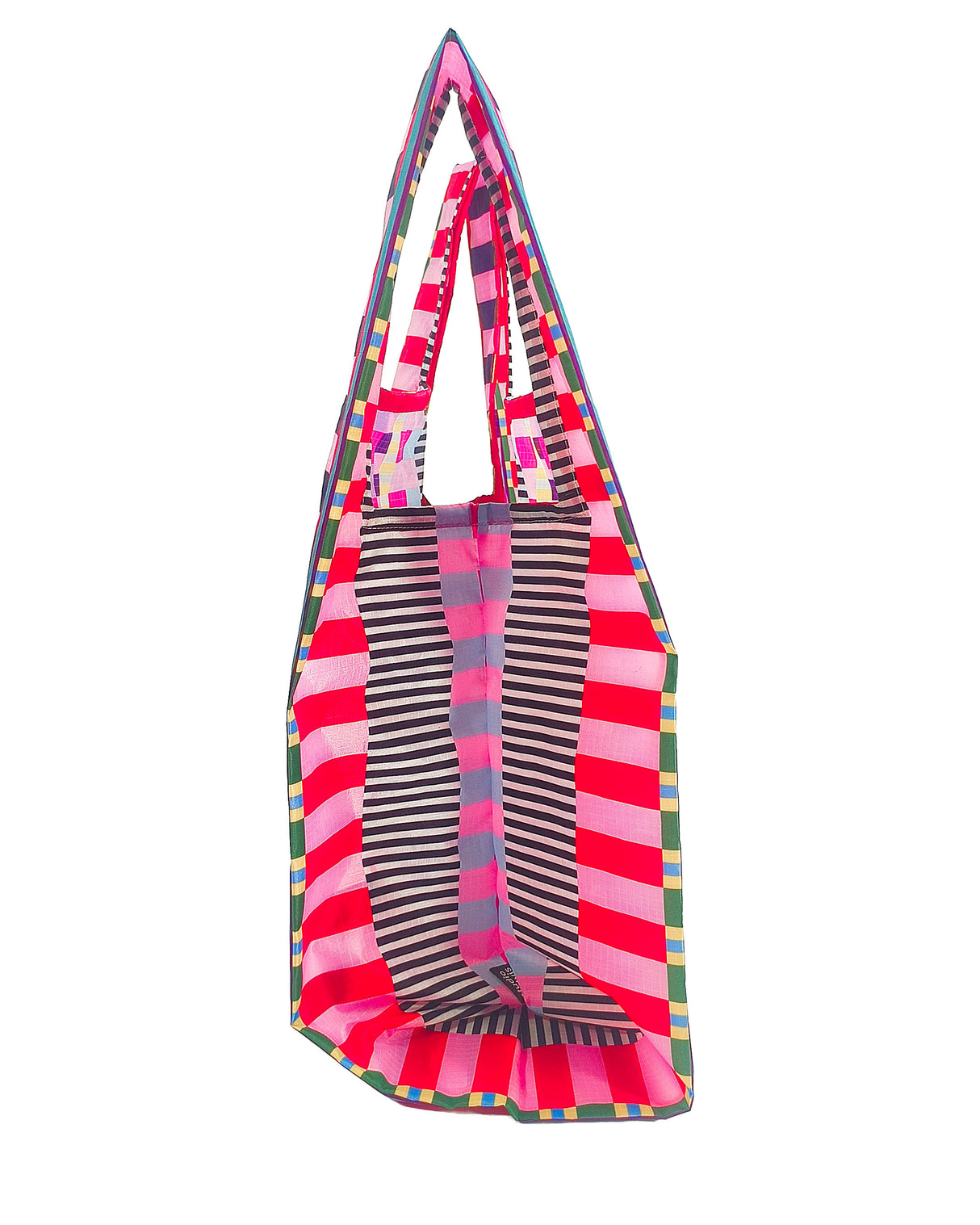 Kleurrijke Stripe Circus rPET shopping bag met roze, rode en zwart-witte strepen.