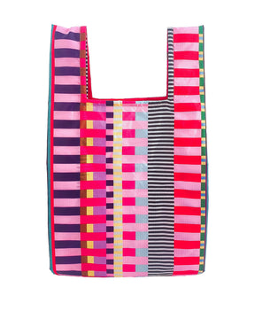 Kleurrijke Stripe Circus rPET opvouwbare boodschappentas met diverse gestreepte patronen