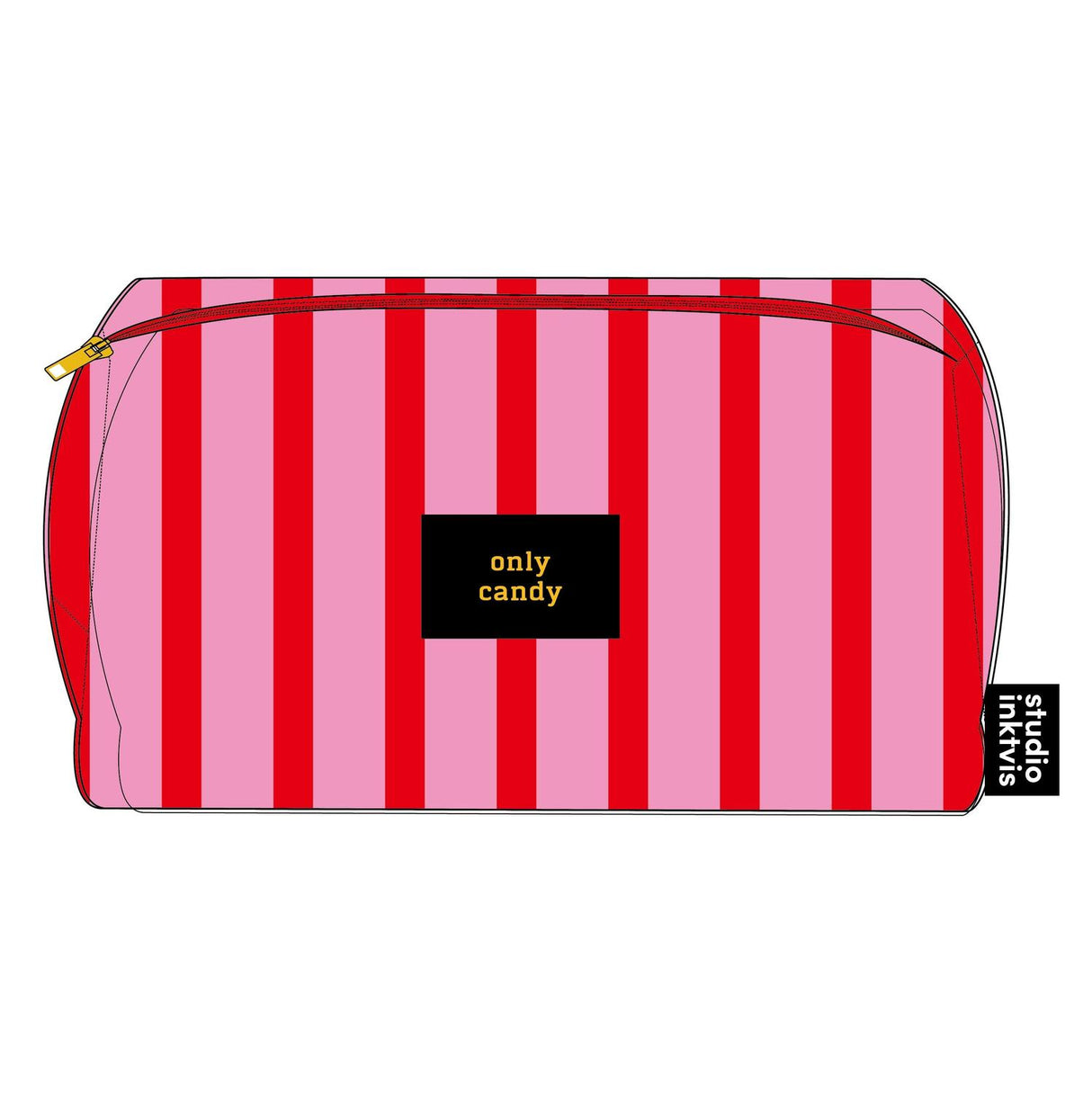Roze en rood gestreept teddy tasje met Only Candy label en gouden rits.