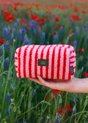 Roze en rood gestreept teddy tasje met Only Candy label in een bloemenveld