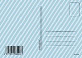 Achterkant van een lichtblauwe vintage geboortekaart met diagonale strepen, adreslijnen en barcode.