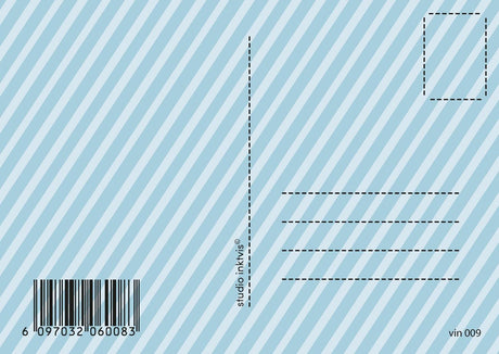 Achterkant van een lichtblauwe vintage geboortekaart met diagonale strepen, adreslijnen en barcode.
