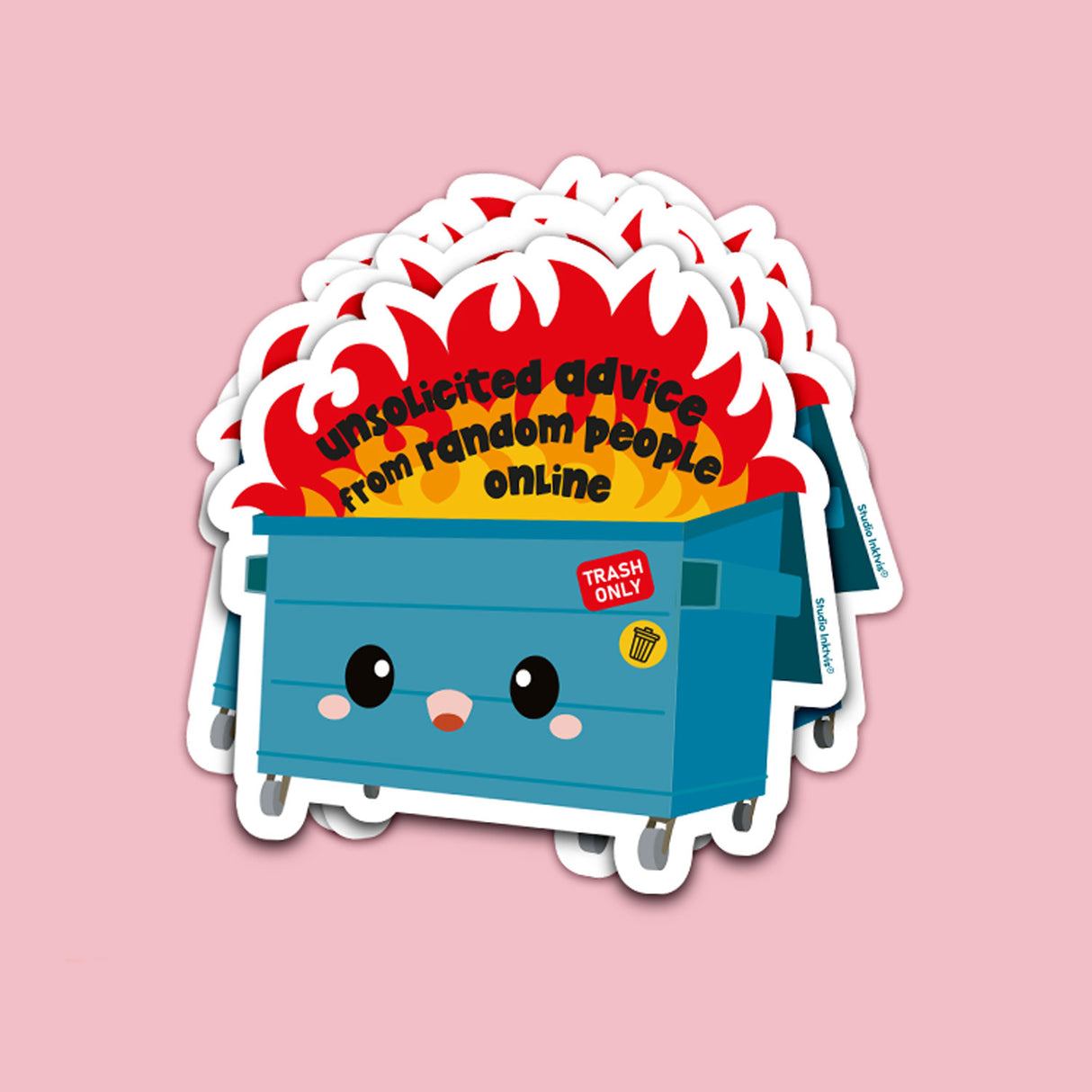 Vaatwasbestendige sticker van een blauwe brandende afvalcontainer met de tekst Unsolicited Advice from Random People Online.