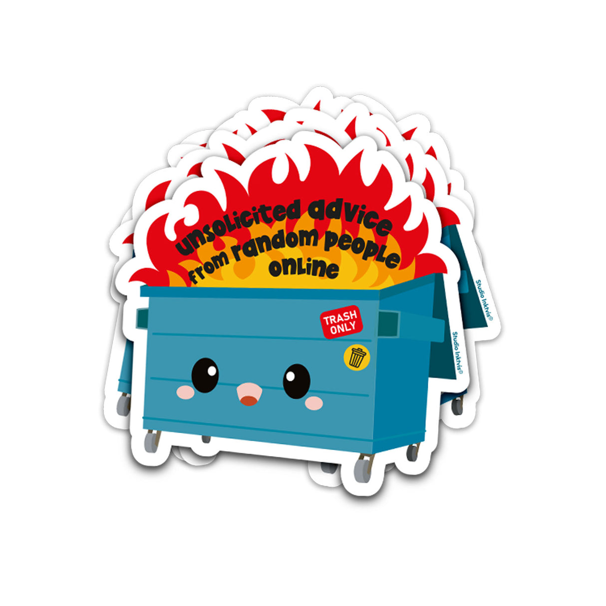 Vaatwasbestendige sticker van een blauwe, vrolijke afvalcontainer in brand met de tekst Unsolicited Advice from Random People.