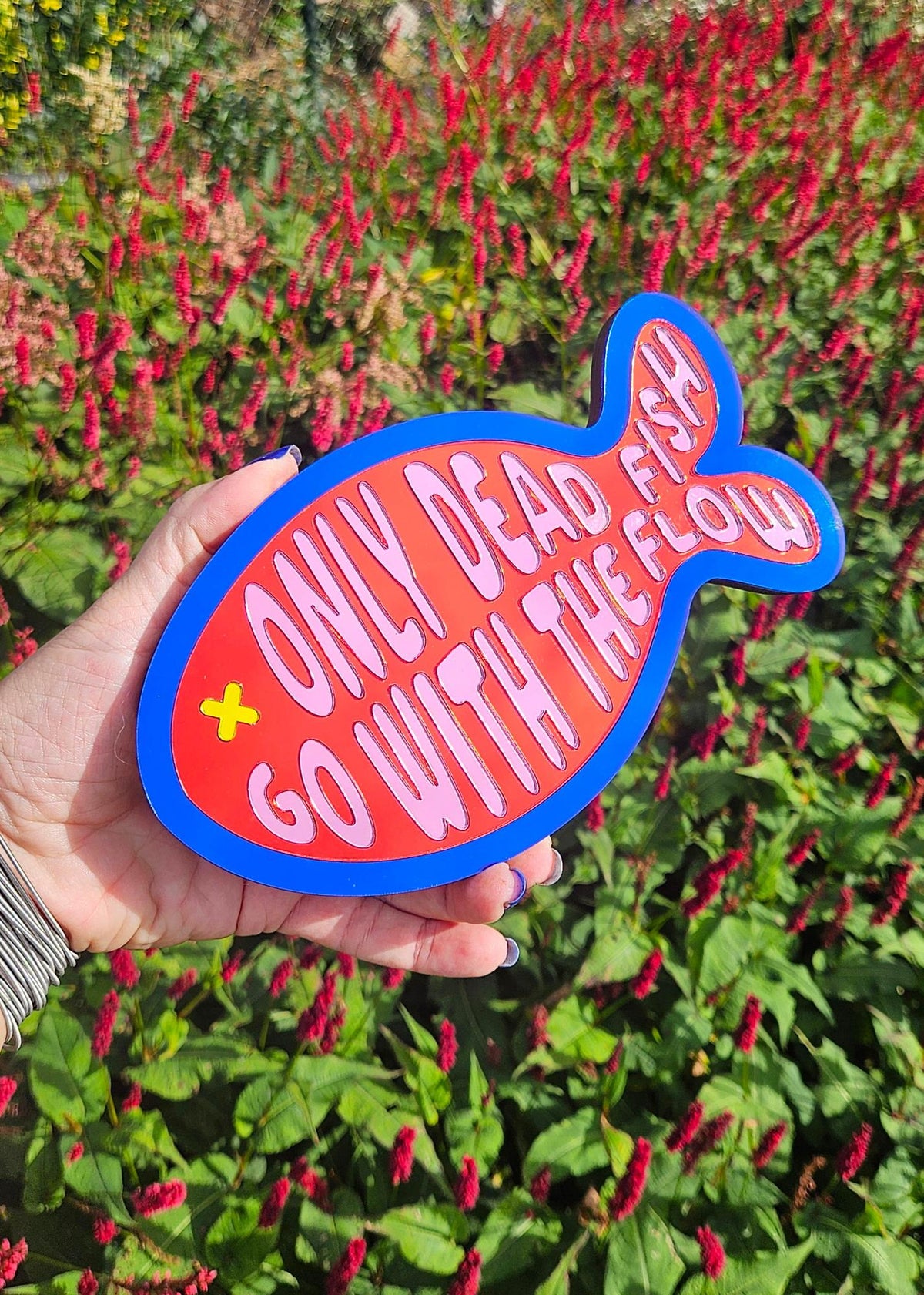 Visvormige wanddecoratie van spiegelacrylaat met rode en roze tekst Only dead fish go with the flow, 20x12 cm.