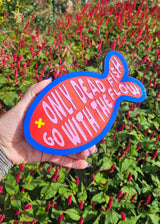 Visvormige wanddecoratie van spiegelacrylaat met rode en roze tekst Only dead fish go with the flow, 20x12 cm.