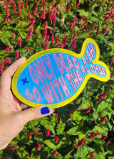 Visvormige wandspiegel van acryl met roze tekst Only dead fish go with the flow, geel en blauw design, 20x11,6 cm.