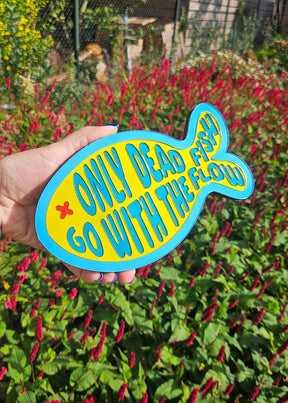 Visvormige spiegel van 20x11,6 cm met gele achtergrond, blauwe tekst Only dead fish go with the flow en rood oogje.